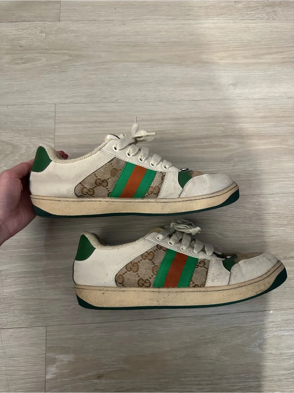 Gucci Beige Canvas Sneakers with Green and Red Web